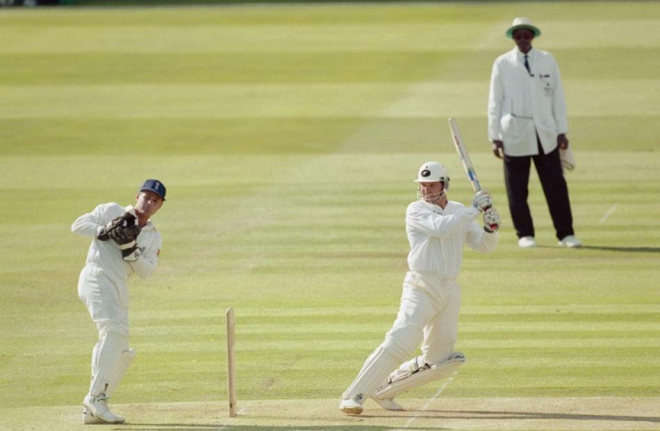 Martin Crowe hits out on his way to 142 in the second test against England at Lord's, in London,...