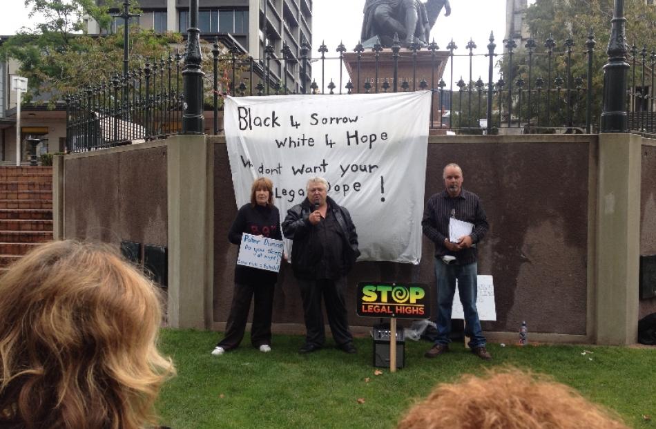 Speaking at a protest in Dunedin's Octagon against legal highs were (from left) protest organiser...