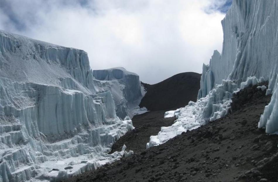 The hole in the northern Kilimanjaro ice field discovered by Dr Cullen, of the University of Otago.