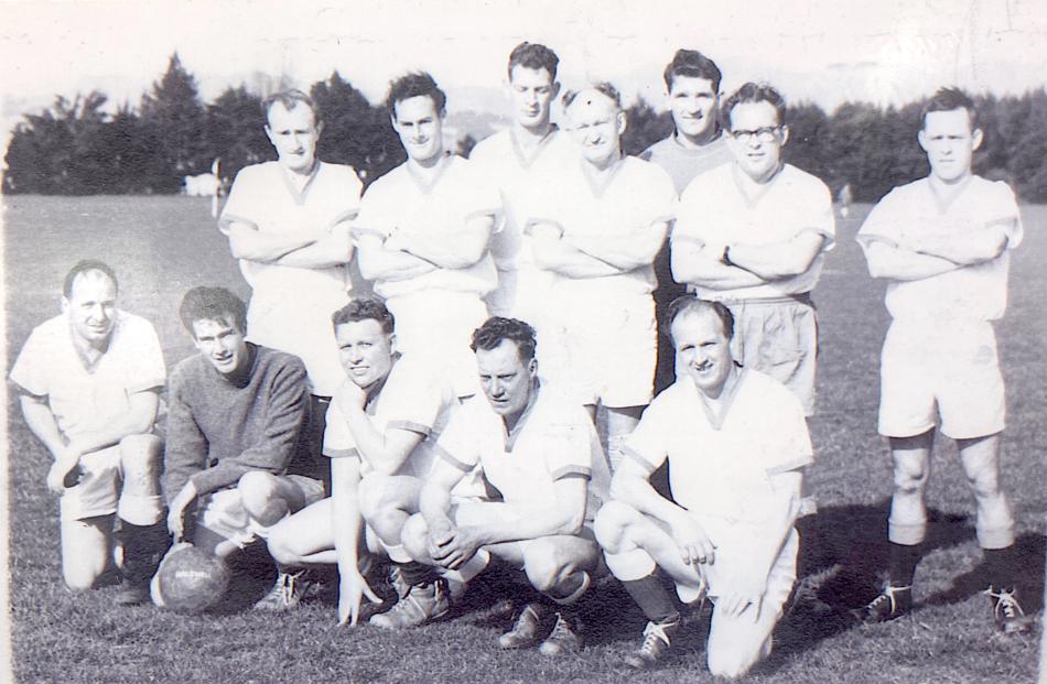 The first Halswell United men’s team. Hopgood is on the left in the front row. Photo: Supplied