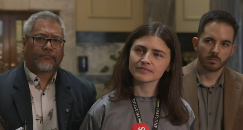 Green Party co-leader Chlöe Swarbrick with MPs Teanau Tuiono (left) and Ricardo Menéndez March...