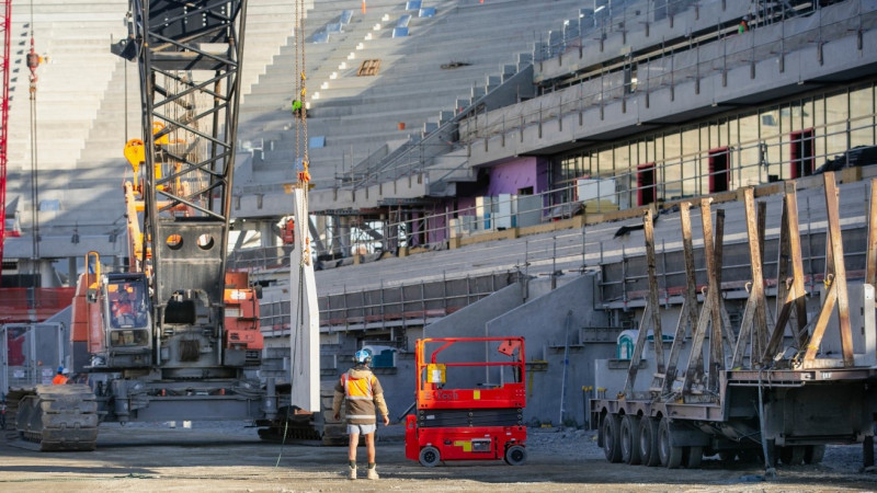 The construction of Canterbury’s Multi-Use Arena has reached the halfway mark. Photo: Newsline