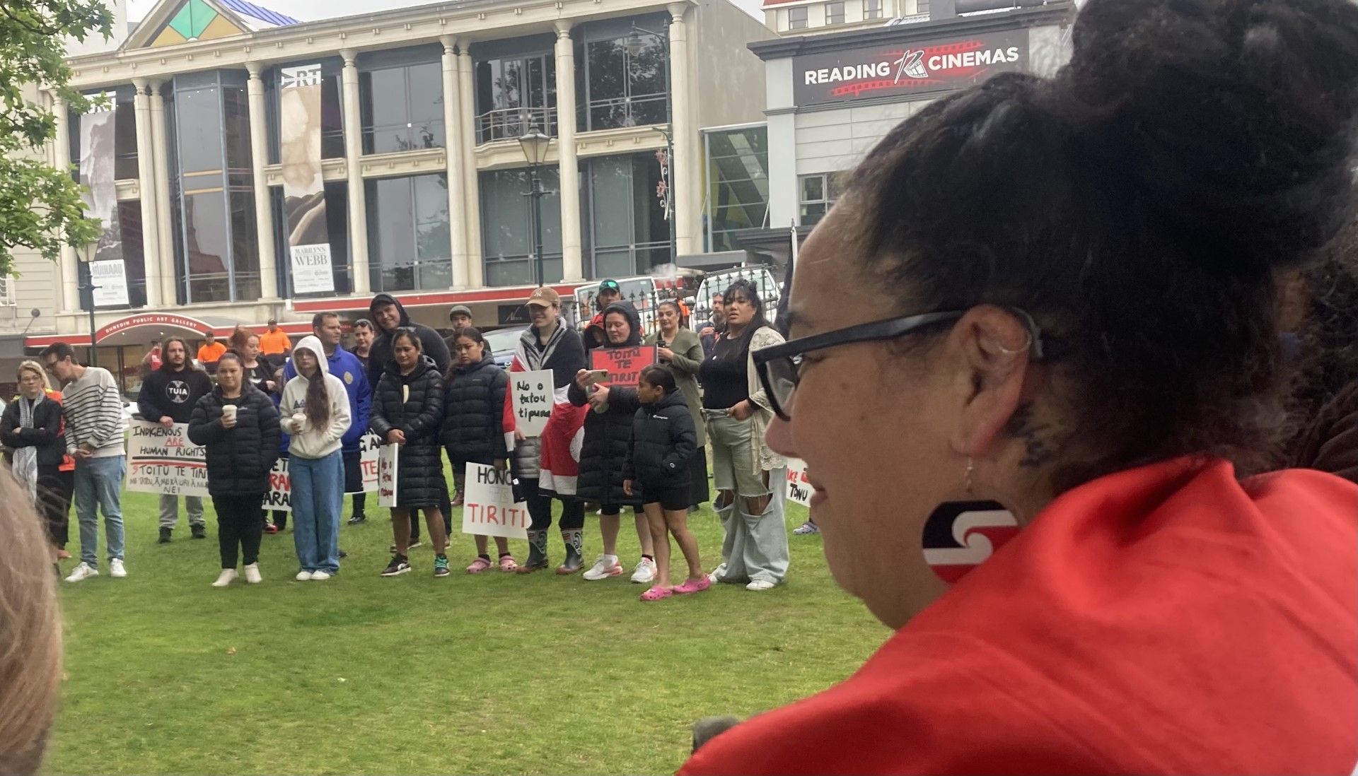 Protesters gathered in Dunedin's Octagon on Tuesday morning. Photo: Stephen Jaquiery