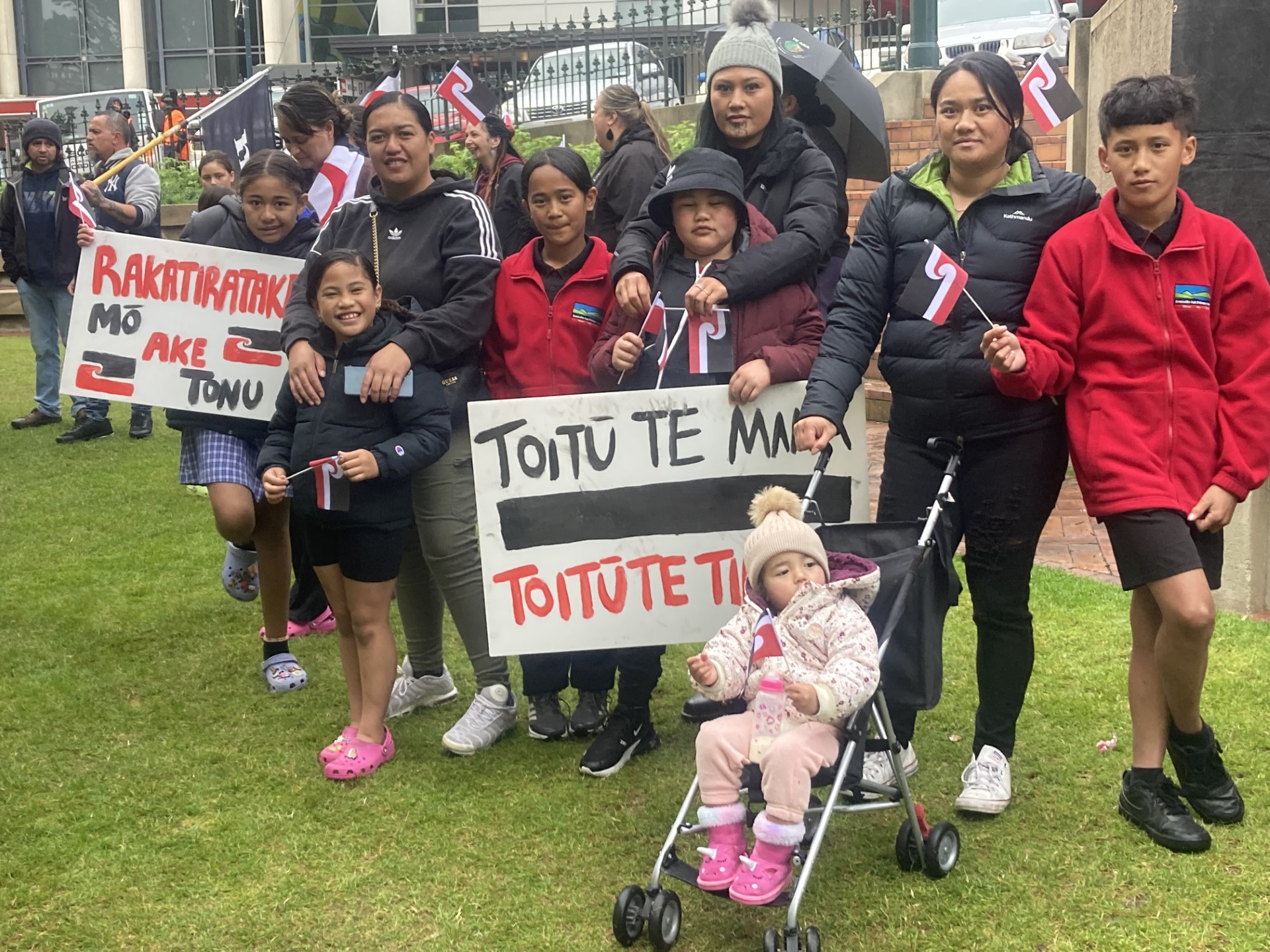 Protesters in the Octagon in Dunedin on Tuesday morning. Photo: Stephen Jaquiery