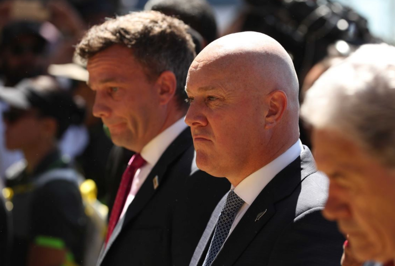 Christopher Luxon, Winston Peters and David Seymour on the paepae. Photo: Michael Cunningham/NZ...