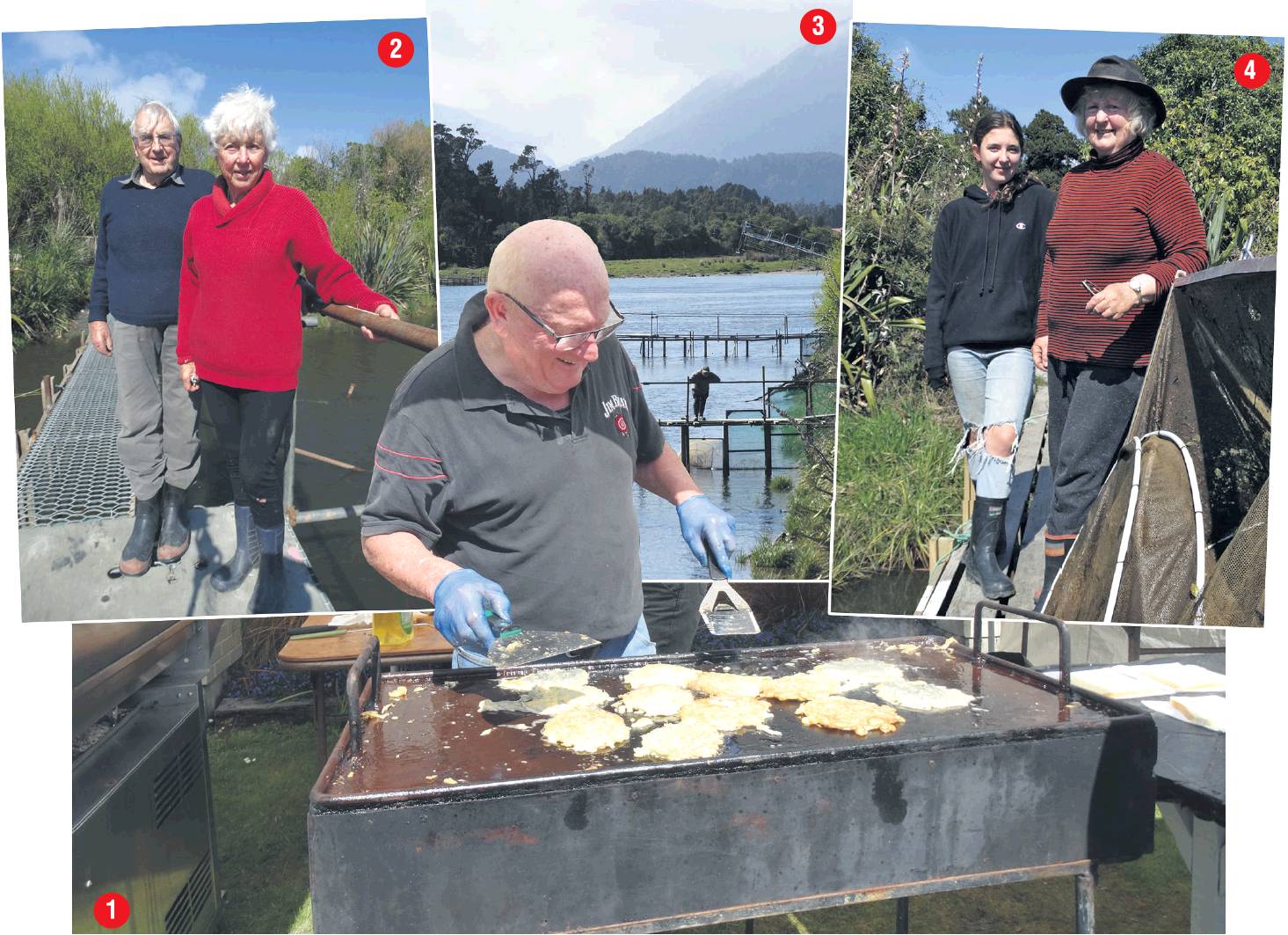 1: John Nailer cooks up whitebait caught in the Okuru River at the Haast White­bait Festival. 2:...