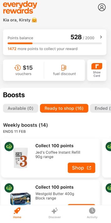 Boosts, such as 100 points for coffee or butter, can get shoppers to 2000 points and a $15...