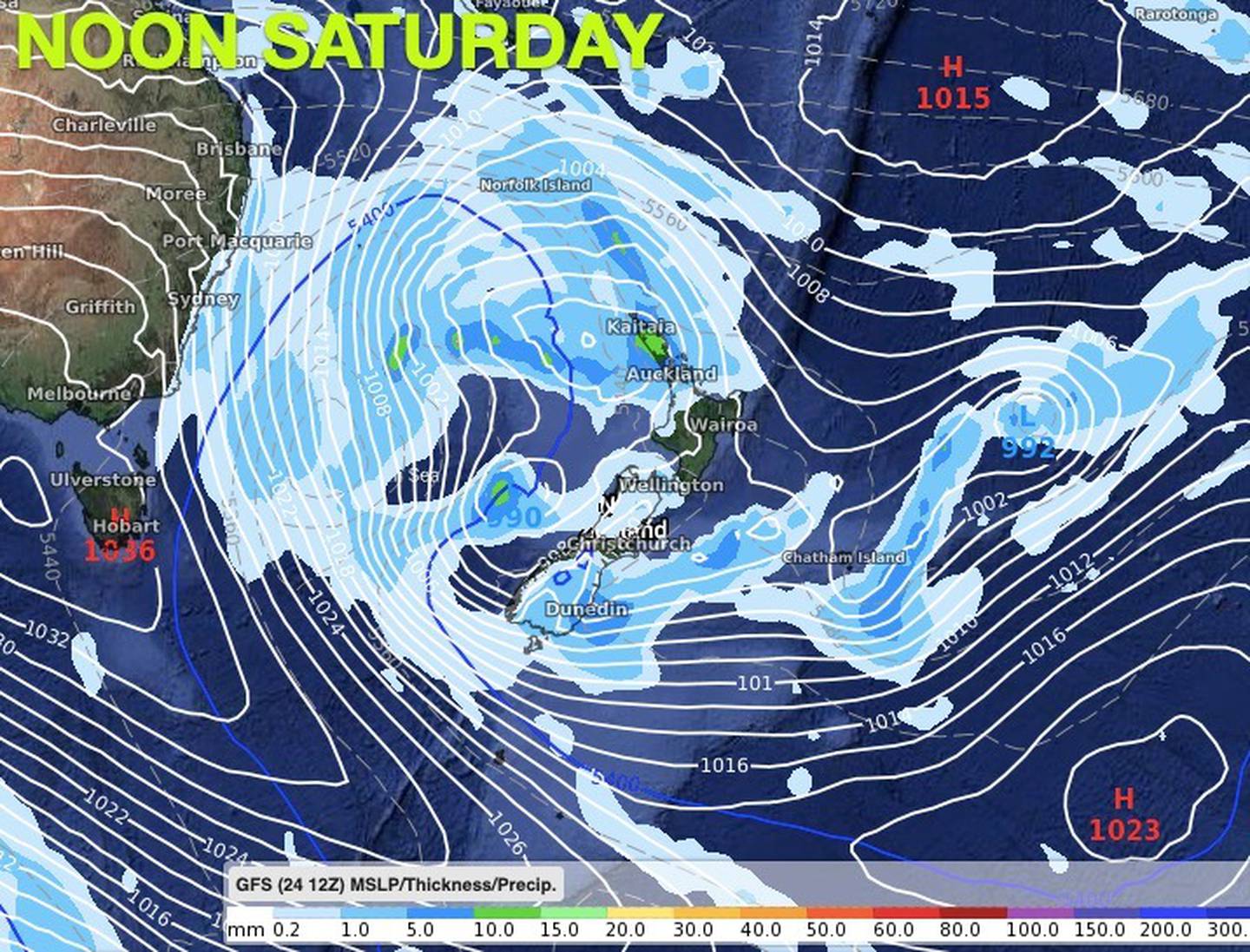 The storm as it is currently forecast to be at noon on Saturday. Photo: weatherwatch.co.nz